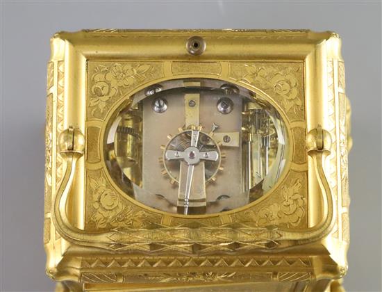 Grohe of London. A Victorian ormolu hour repeating calendar carriage clock, overall height 7.25in.